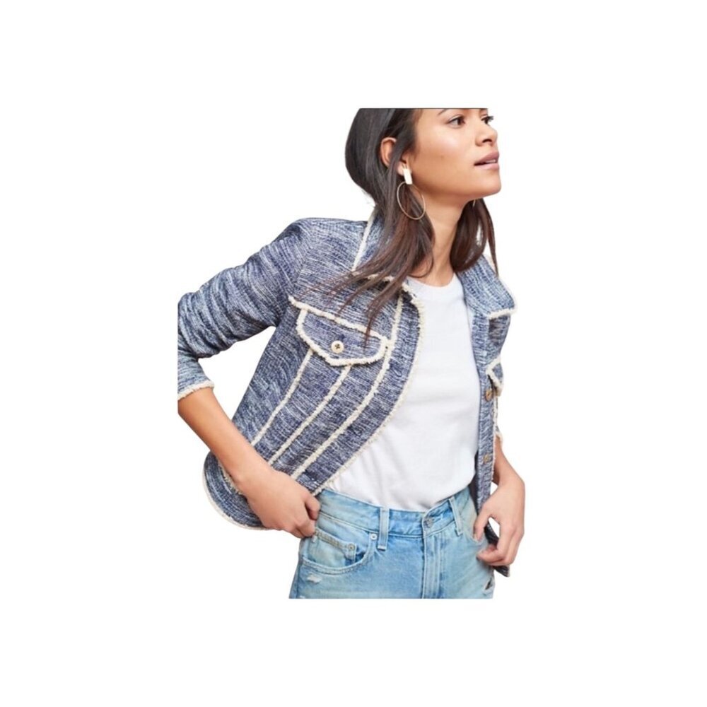 Anthropologie Ett:Twa Blue Tweed Trucker Jacket – XS – Textured Trim - Picture 10 of 16